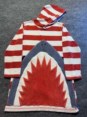 Mini Boden Red and White Striped Shark Appliqué Towel Hoodie Cover Up Beach Pool